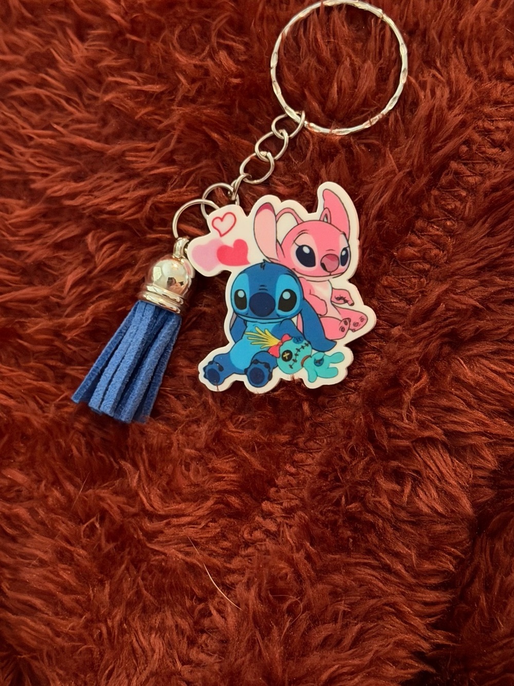 Pink & Blue Cartoon Stitch Keychain with Blue Tassel